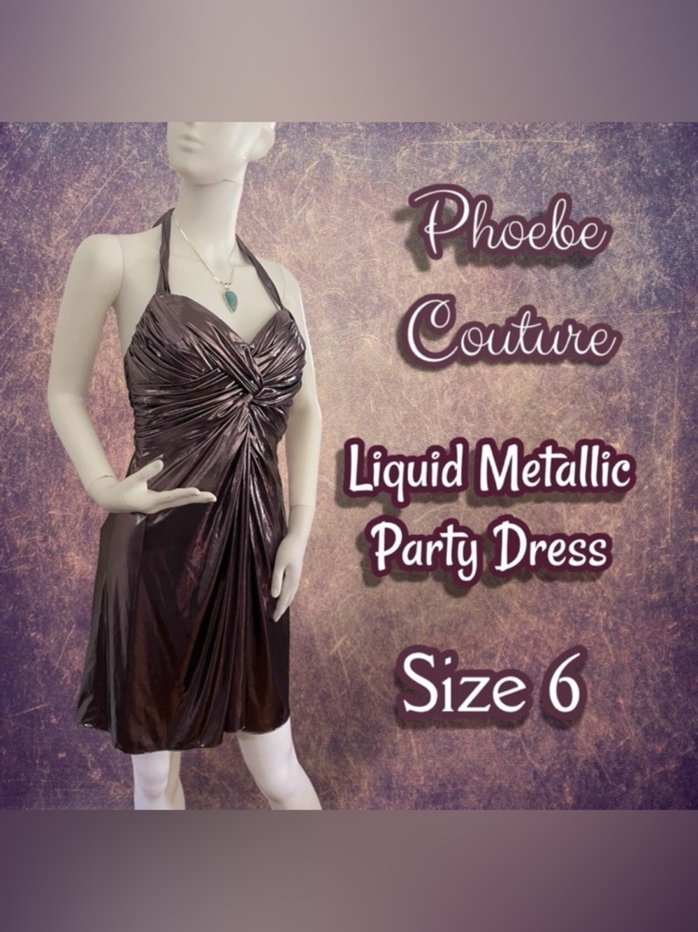 Phoebe Couture Liquid Metallic Knot Halter Dress - Y2K Glam / Ruched Sz 6